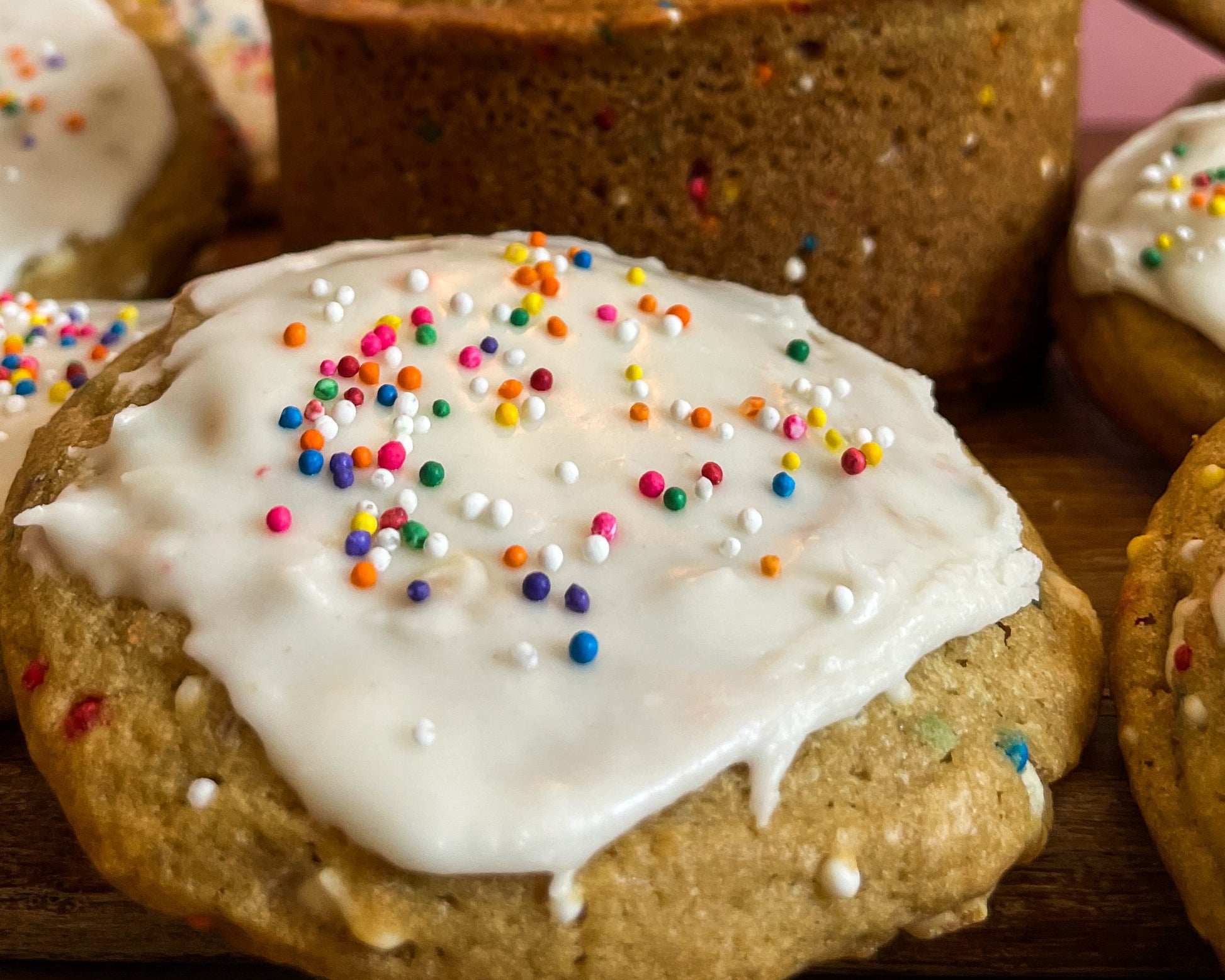 They Say It's Your Birthday cookies from the Bearded Baker. Vanilla glaze, white chocolate, and colourful sprinkles.