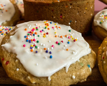 They Say It's Your Birthday cookies from the Bearded Baker. Vanilla glaze, white chocolate, and colourful sprinkles.