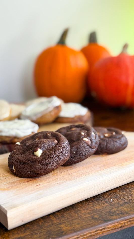 Obligatory Fall B*tch Flavour chocolate pumpkin spice cookies from The Bearded Baker with white chocolate chips